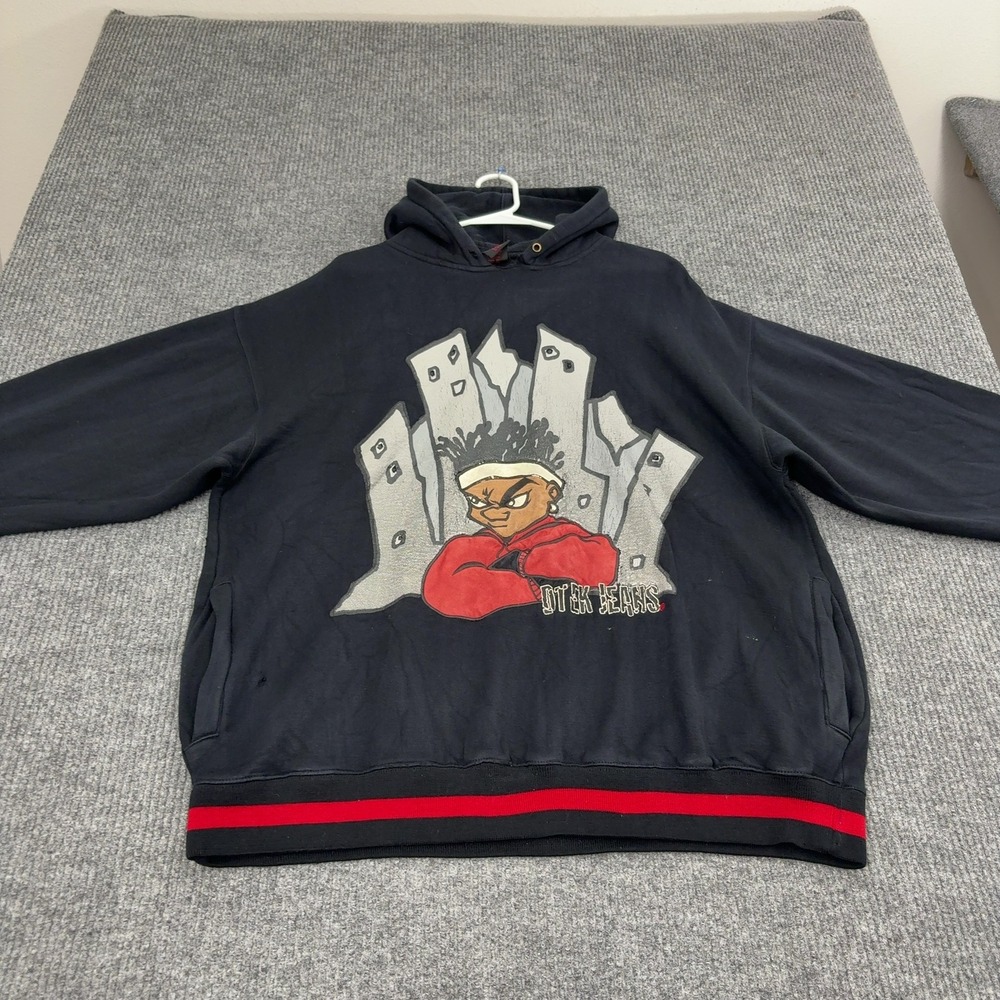 Vintage Taiga Tek Jeans Hoodie Mens 2XL Black Acrylic Graphic Hip Hop Streetwear